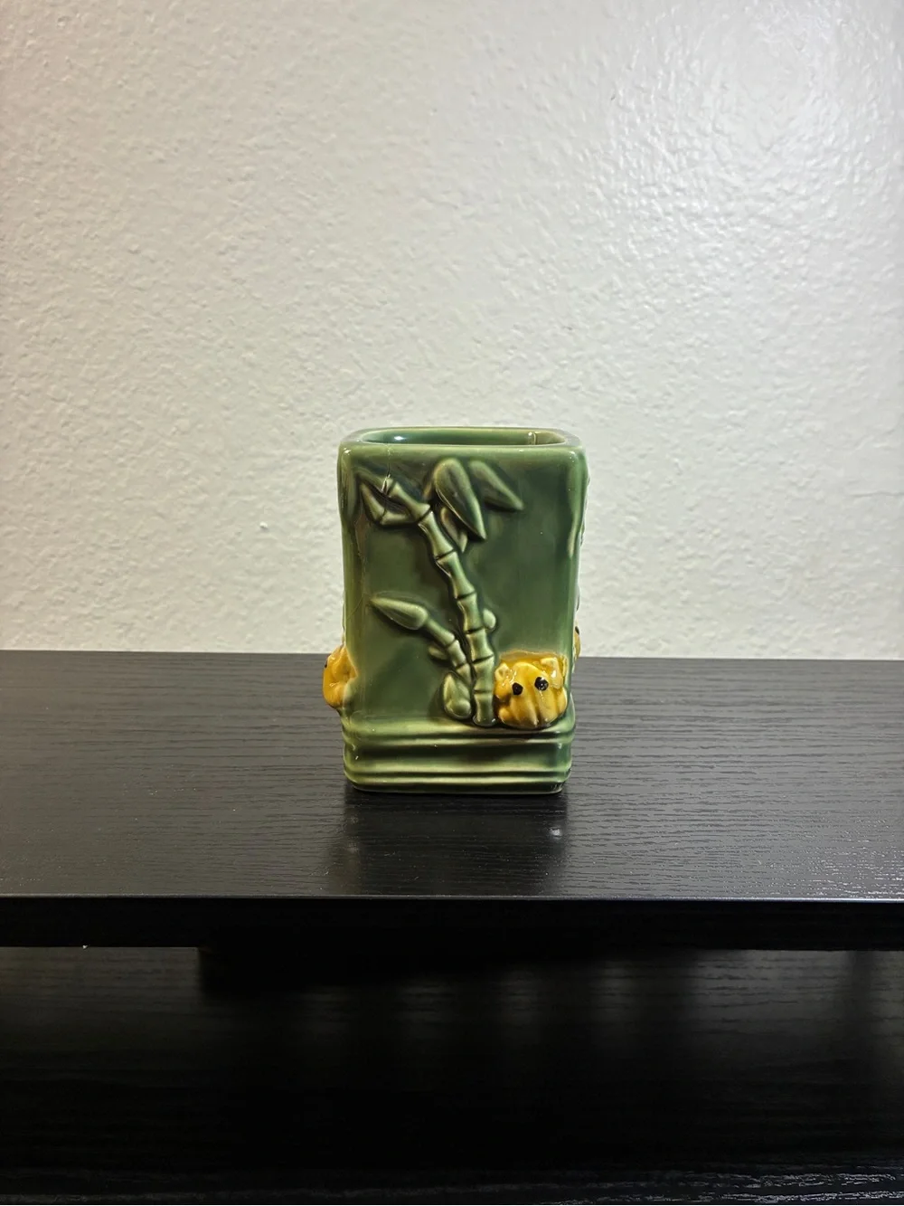 Vtg Pottery Planter Pot Frog On Green Bamboo Planter Square 4'